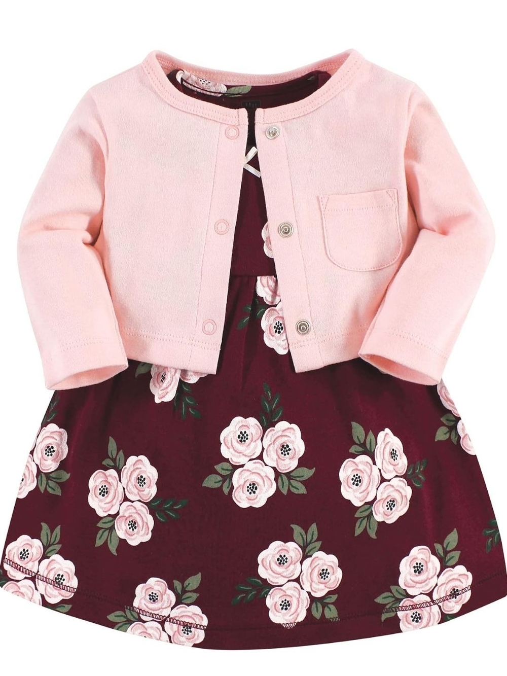Girls Pink Cardigan & Burgundy Floral Dress Set